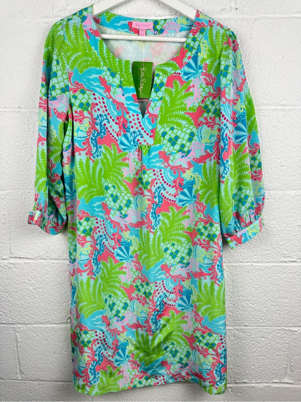 Lilly Pulitzer Anya Silk Dress Surf Blue Checking In Print Size 10 NWT